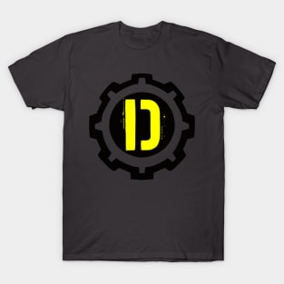 A Yellow Letter D in a Black Industrial Cog T-Shirt